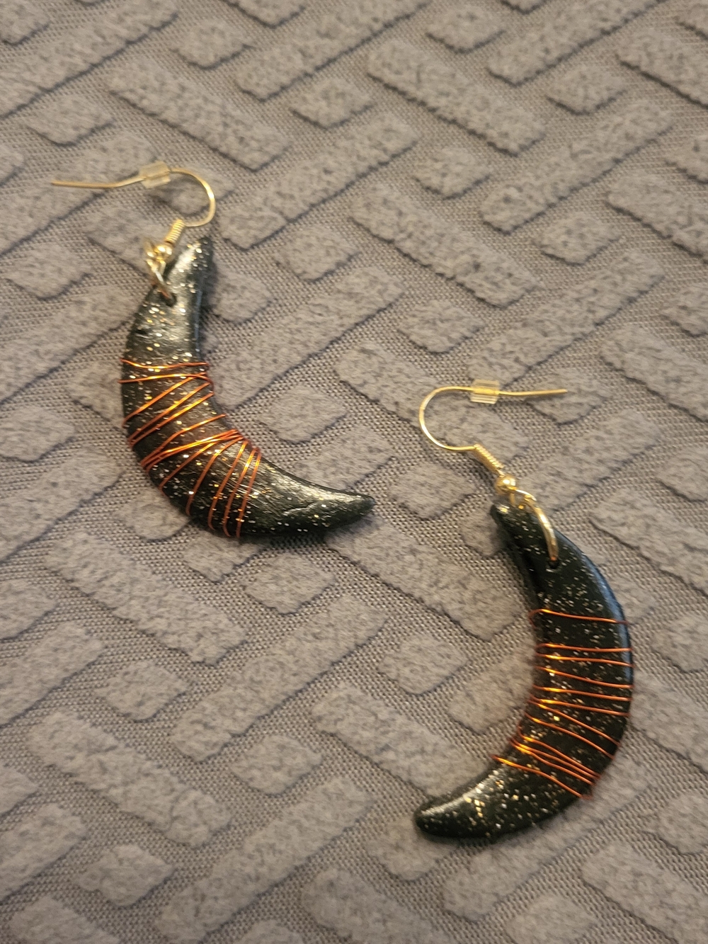 Handmade Black Crescent Moon Earrings with Copper Wire Wrap - Women Jewelry